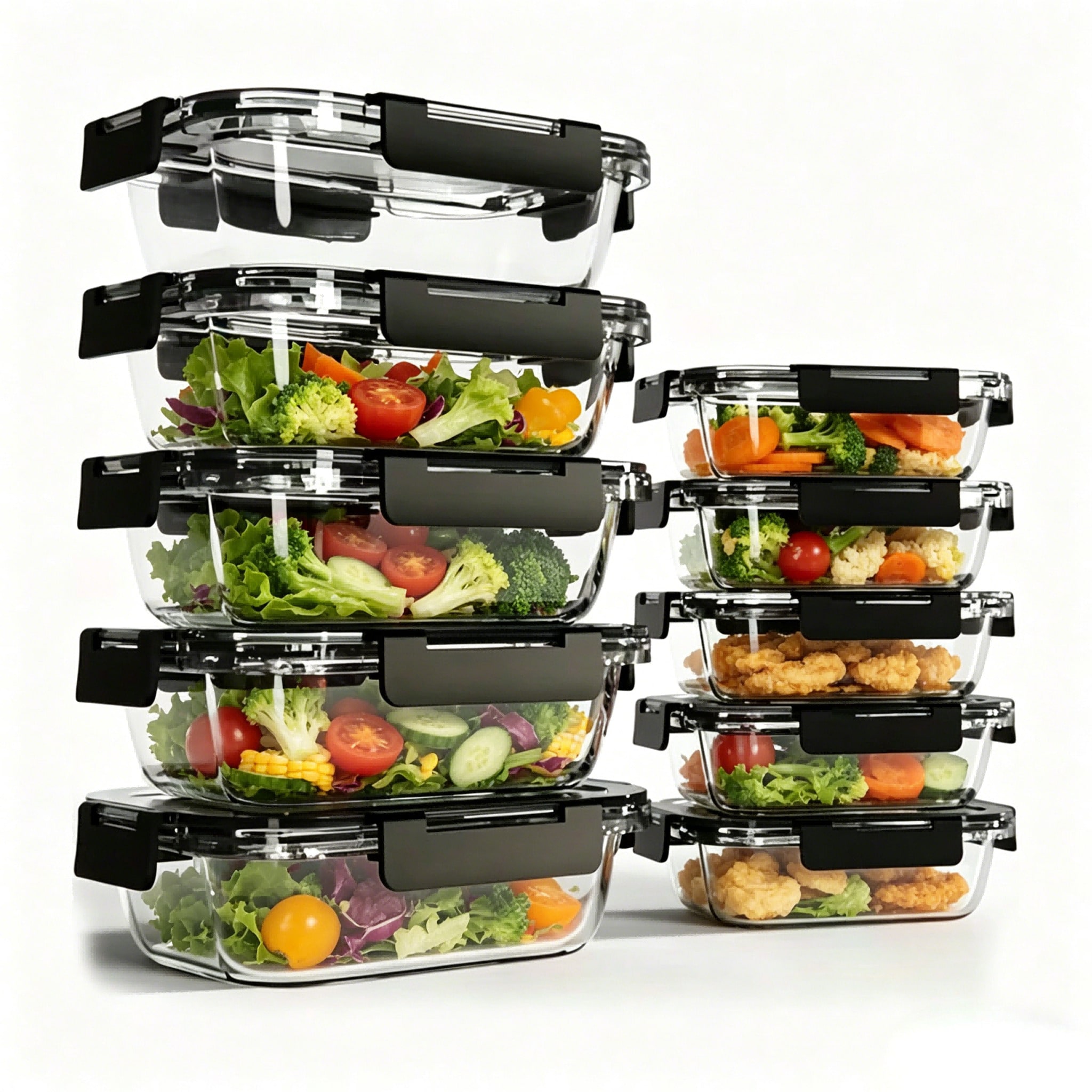 Meal Prep Oven Safe Containers - ชุดกล่องแก้วสำหรับเตรียมอาหาร 10 ชิ้น กล่องเก็บอาหารแก้วบอโรซิลิเกตใสทันสมัย พร้อมฝาปิดล็อกแน่นสนิท ใช้กับไมโครเวฟได้