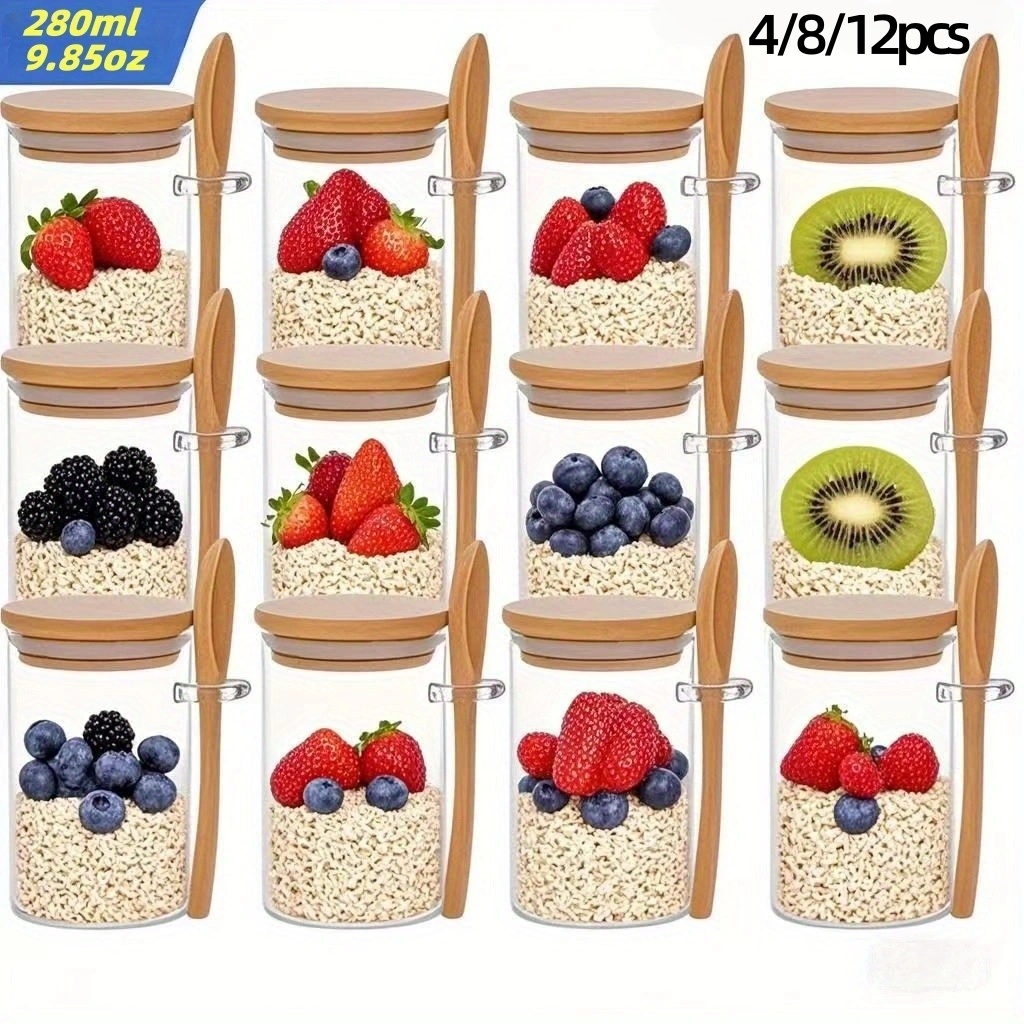 Meal Prep Glass Containers With Lids - 4/8/12 ชิ้น, ถ้วยอาหารเช้าข้าวโอ๊ตพร้อมฝาปิด (9.85 ออนซ์/280 มล.),