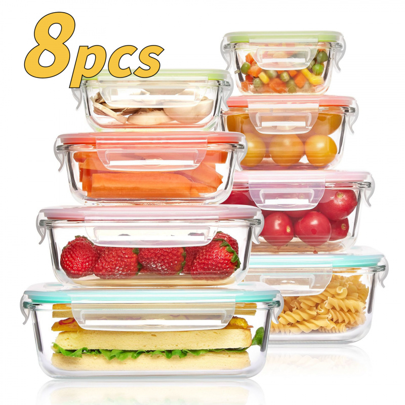 Meal Prep Oven Safe Containers - กล่องเก็บอาหารแก้วแบบมีฝาปิด 8 ชิ้น ป้องกันการรั่วซึม ใช้กับไมโครเวฟ ตู้แช่แข็ง