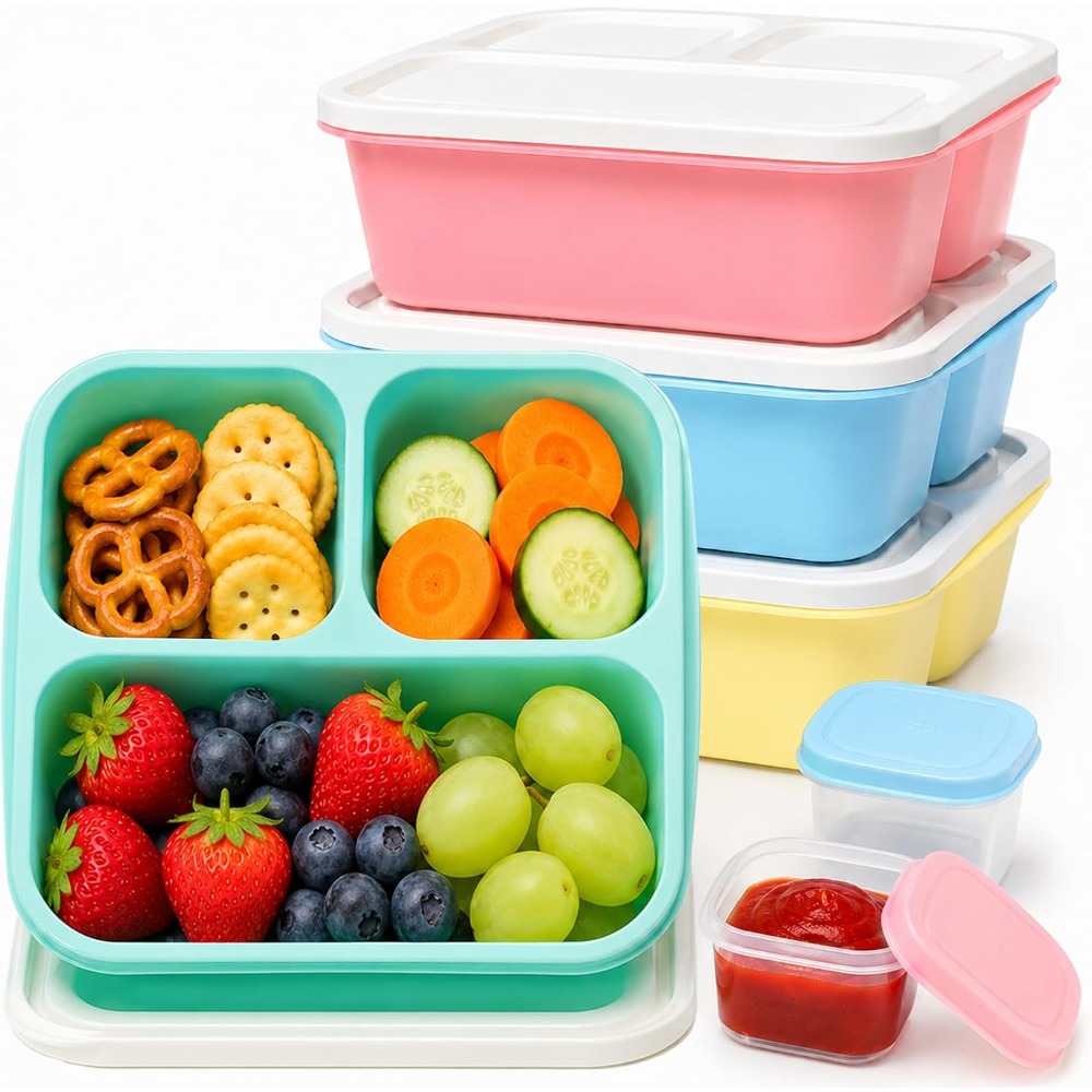 Meal Prep Healthy - กล่องอาหารเบนโตะ 3 ช่องสำหรับผู้ใหญ่ ภาชนะใส่ขนมแบบใช้ซ้ำได้ ซ้อนกันได้ ป้องกันการรั่วซึม