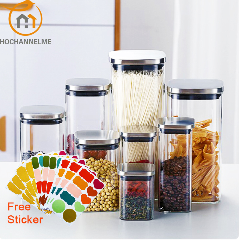 Meal Prep Glass Containers With Lids - ปิดผนึกขวดแก้วพร้อมฝาสำหรับกาแฟสามารถ Square Candy บิสกิตหม้อครัวขวดโหลแก้วอาหารธัญพืชจำนวนมาก