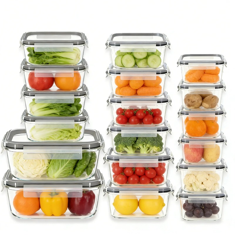 Meal Prep Glass Containers With Lids - ชุดกล่องเก็บอาหารแก้ว 18 ชิ้น พร้อมฝาปิดแน่นสนิท ป้องกันการรั่วซึม กล่องเตรียมอาหารแบบซ้อนกันได้