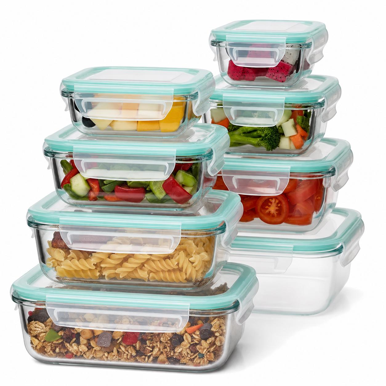 Meal Prep Glass Containers With Lids - ชุดกล่องเก็บอาหารแก้วโบโรซิลิเกต 8 ชิ้น พร้อมฝาปิดซิลิโคนกันรั่วซึม ปลอดสาร BPA